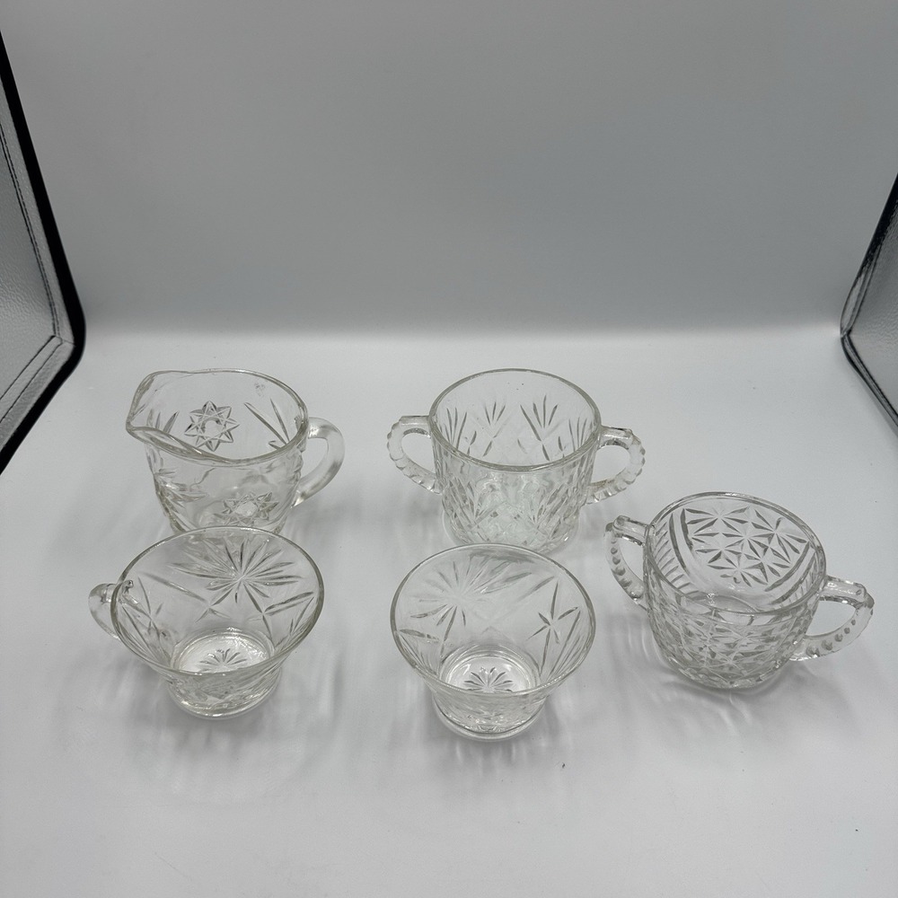 Vintage Pressed Glass Creamer Sugar Bowl Lot 5 Clear Mismatched Starburst